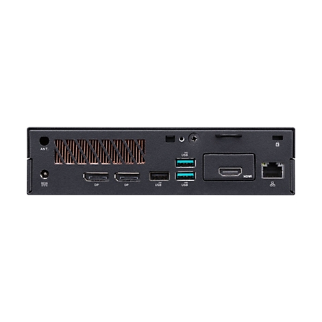 Nahaufnahme der Rückseite eines schwarzen Mini-PCs. Gehäuse mit Anschlüssen: HDMI, USB, DP, LAN-Anschluss und Lüftungsschlitze.