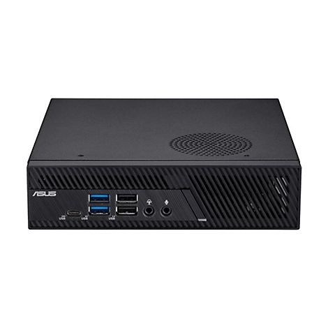 Schwarzer Mini-PC mit ASUS-Logo und Anschlüssen. Seitlich Lüftungsgitter, Front mit USB, Audio und Mikrofon.