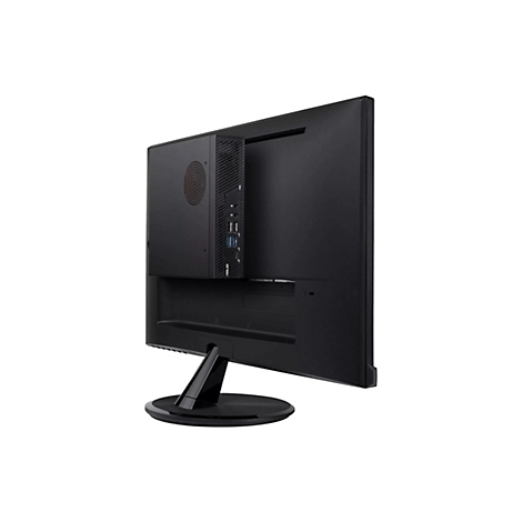 Ein schwarzer Monitor mit einem daran befestigten Mini-PC, der auf einem weißen Hintergrund steht.