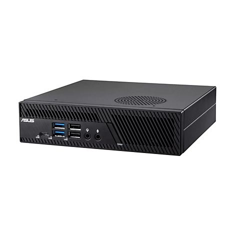 Ein schwarzer Mini-PC mit geriffelter Front und ASUS-Logo. Ports für USB, Audio und Netzwerk.