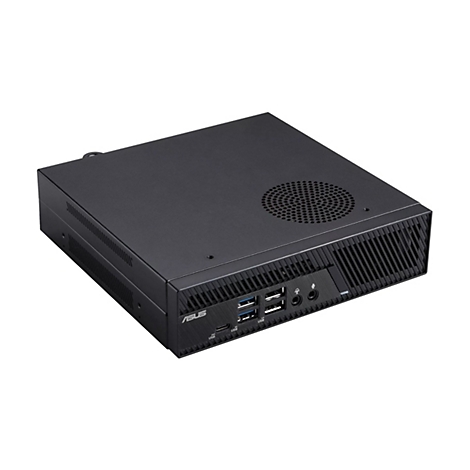 Schwarzer Mini-PC mit ASUS-Logo. Auf der Vorderseite befinden sich USB-Anschlüsse und Audio-Eingänge. Oben ist ein Lüftungsgitter.