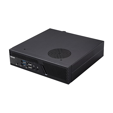 Schwarzer Mini-PC von ASUS. Vorderseite mit Anschlüssen, Lüftungsgitter, Seiten geriffelt, Logo.
