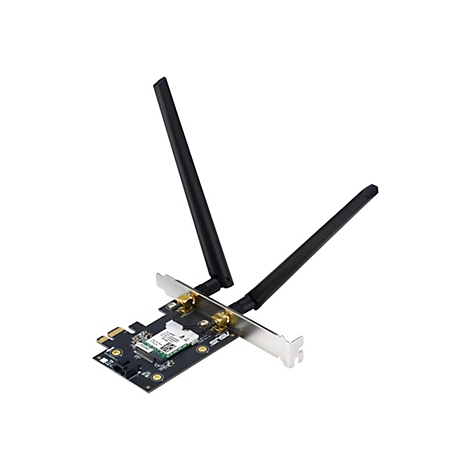 PCIe-WLAN-Karte von ASUS mit zwei schwarzen Antennen auf einer schwarzen Platine vor weißem Hintergrund.