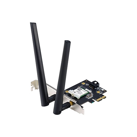 PCIe WLAN-Netzwerkkarte mit zwei schwarzen externen Antennen auf schwarzer Platine vor weißem Hintergrund.