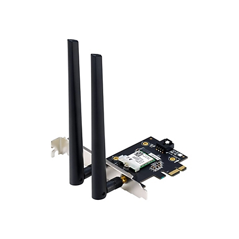 PCIe-WLAN-Karte mit zwei schwarzen Stabantennen und schwarzer Leiterplatte auf weißem Hintergrund.