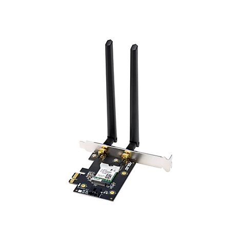 WLAN-Karte mit zwei schwarzen Antennen. Die Platine ist schwarz mit elektronischen Bauteilen. Die Halterung ist silber.