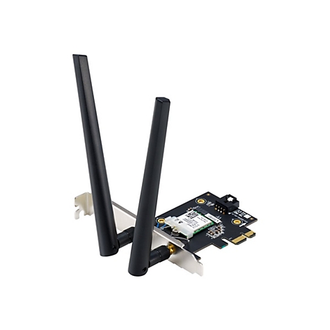 PCIe-WLAN-Karte mit zwei schwarzen Antennen und silbernem Slot-Blech auf weißem Hintergrund.