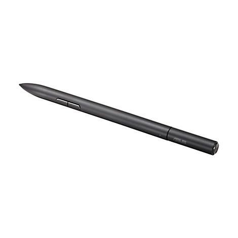 Ein schwarzer Asus Eingabestift mit zwei seitlichen Tasten vor weißem Hintergrund.