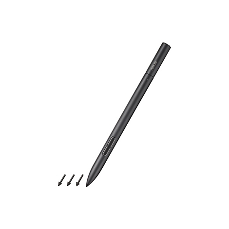 Schwarzer Asus Eingabestift mit drei Ersatzspitzen vor weißem Hintergrund.