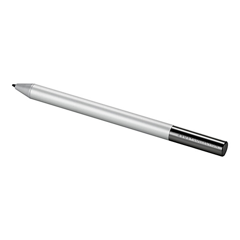 Silberner Eingabestift mit schwarzer Kappe und Asus Collection Schriftzug vor weißem Hintergrund.