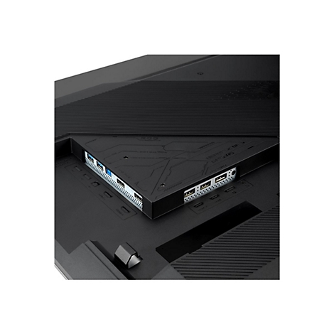 Gros plan sur l'arrière d'un moniteur noir avec des ports, dont HDMI, USB et DisplayPort. Inscription: Republic of Gamers.