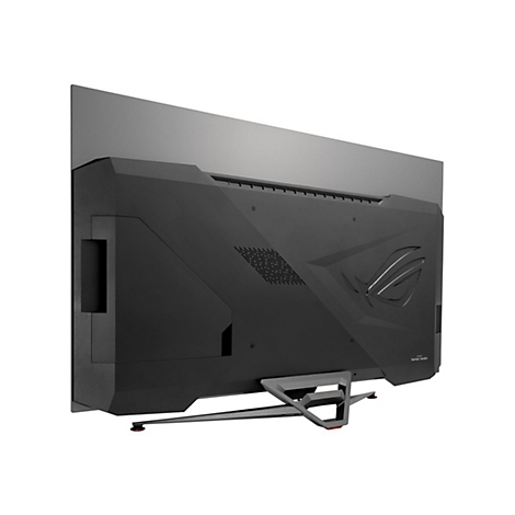 Arrière d'un moniteur de jeu noir avec support, un écran gris et le logo ROG.