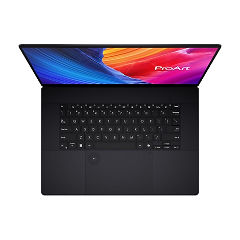 Draufsicht auf einen schwarzen Laptop mit geöffnetem Bildschirm. Auf dem Display befindet sich ein farbenfrohes, abstraktes Muster. Auf dem Laptop ist das Wort 'ProArt' zu sehen.