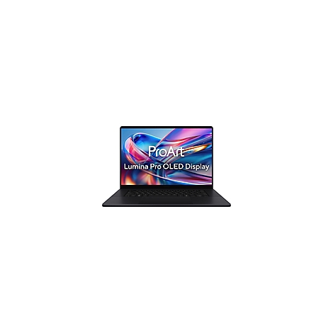 Schwarzer Laptop, Display zeigt bunte, abstrakte Kunst und den Text 'ProArt Lumina Pro OLED Display'.
