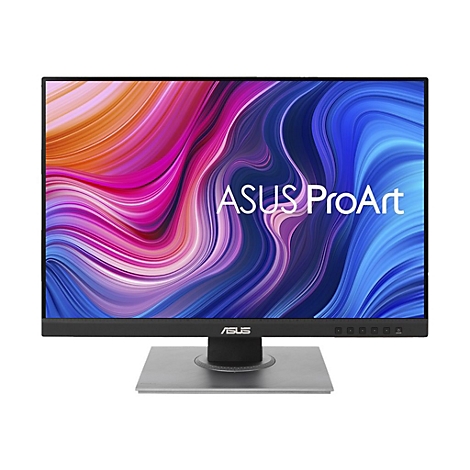 Ein ASUS ProArt Monitor, das Display zeigt abstrakte, farbenfrohe Wirbel. Auf dem Monitorfuß das ASUS Logo.
