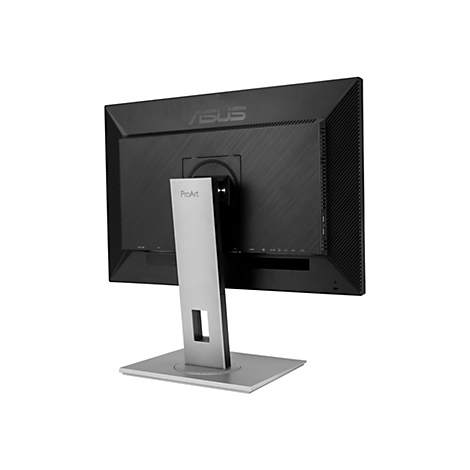 Vue arrière d'un moniteur ASUS noir avec un pied argenté. Le logo ProArt est clairement visible. L'écran est contre un fond blanc.