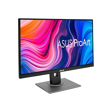 Un moniteur ASUS ProArt noir avec un arrière-plan coloré. Le moniteur est posé sur un socle carré gris.