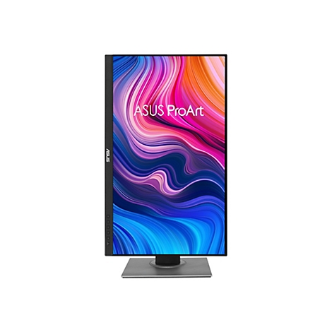 Ein schwarzer ASUS ProArt Monitor mit farbenfrohem, abstraktem Hintergrund. Die Marke und das Modell sind deutlich sichtbar.