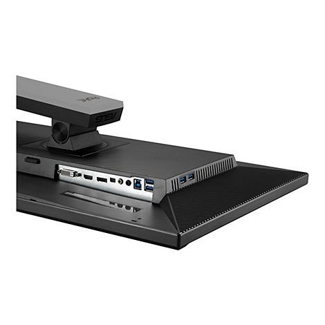 Nahaufnahme eines schwarzen Asus-Monitors, die Rückseite ist im Fokus. Anschlüsse, darunter HDMI und USB, sind sichtbar.