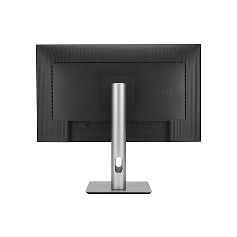 Vue arrière d'un moniteur ProArt noir. L'écran a une texture et le logo ProArt. Un pied argenté supporte le moniteur.