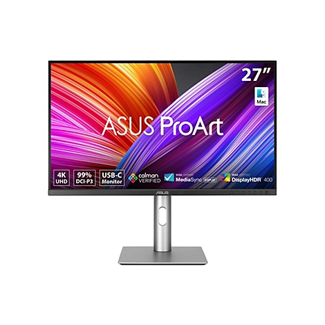 Un moniteur ASUS ProArt de 27 pouces avec une résolution 4K UHD. L'écran affiche un motif abstrait et coloré.
