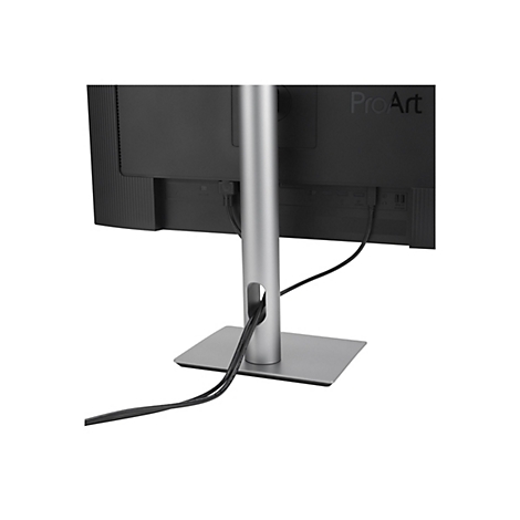 Arrière d'un moniteur noir avec un pied argenté. Des câbles noirs mènent au moniteur, le logo ProArt est à gauche.