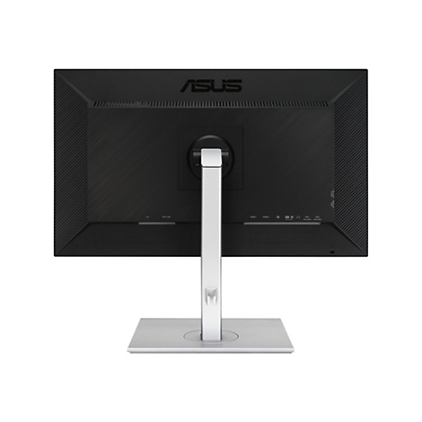 RÃ¼ckseite eines schwarzen ASUS-Monitors mit silbernem StandfuÃŸ. Oberhalb steht ASUS.