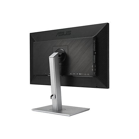 Ein Computer-Monitor, von hinten betrachtet, mit silberfarbenem StandfuÃŸ. Das ASUS Logo ist oben links zu sehen.