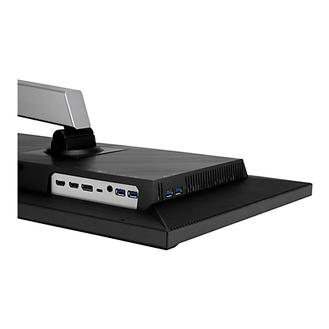 Nahaufnahme der RÃ¼ckseite eines schwarzen Monitors mit AnschlÃ¼ssen: HDMI, USB, und Audio.