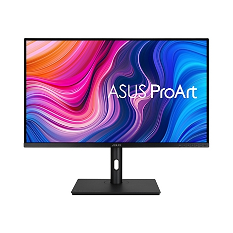 Ein schwarzer ASUS ProArt Monitor vor weißem Hintergrund. Der Bildschirm zeigt ein abstraktes Farbdesign mit ASUS ProArt Schriftzug. Am unteren Rand ist das ASUS Logo sichtbar.
