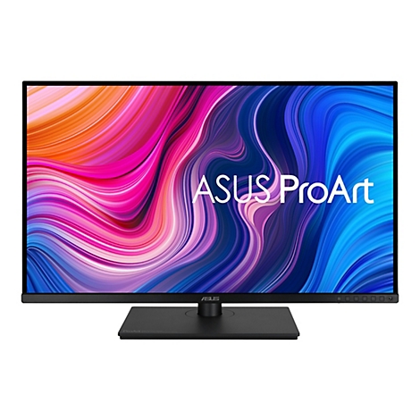 Ein schwarzer ASUS ProArt Monitor mit einem farbenfrohen, abstrakt-fließenden Hintergrund. Die Aufschrift "ASUS ProArt" ist mittig und weiß.