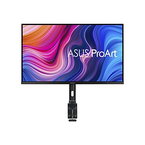 ASUS ProArt Monitor mit farbenfrohem Hintergrundbild, montiert an einer schwarzen Schreibtischhalterung.