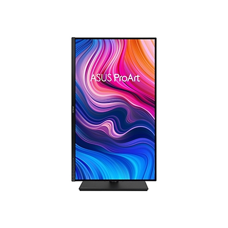 Ein schwarzer Monitor, auf dem der Schriftzug ASUS ProArt steht und ein farbenfrohes, abstraktes Design zeigt.
