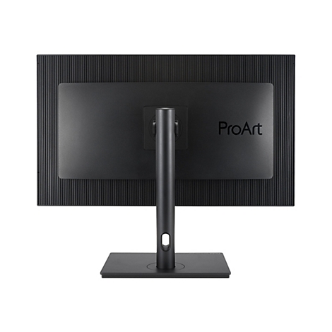 Rückseite eines schwarzen ProArt-Monitors, mittig ein schwarzer Standfuß. Oberhalb des Standfußes steht ProArt.