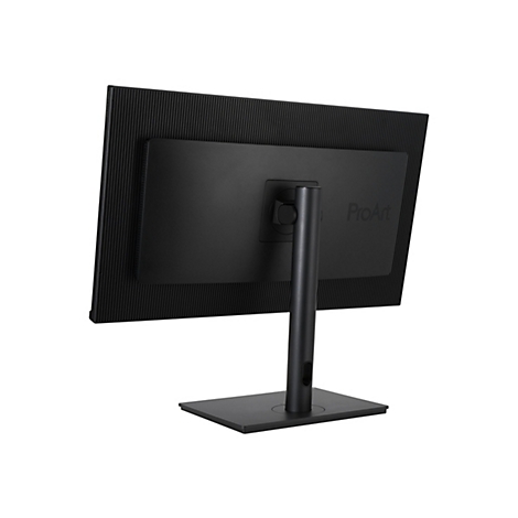Rückansicht eines schwarzen Monitors mit Standfuß. Das ProArt-Logo ist deutlich sichtbar.