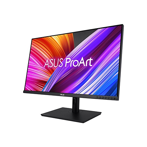 Ein schwarzer Monitor, der in einem Winkel steht, mit dem Schriftzug "ASUS ProArt" auf dem Bildschirm mit bunten Hintergründen.