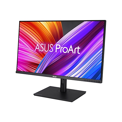 Schwarz gerahmter Monitor mit ASUS ProArt-Schriftzug. Das Display zeigt ein farbenfrohes, abstraktes Muster.