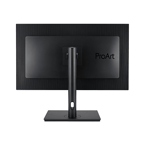 Rückseite eines schwarzen Monitors mit ProArt-Logo. Der Monitor ist auf einem schwarzen Standfuß befestigt.