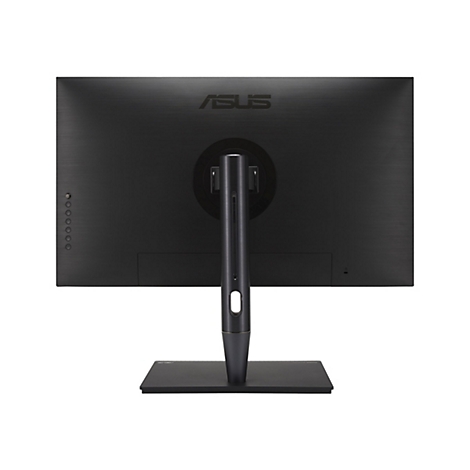 Rückseite eines schwarzen ASUS ProArt Monitors auf einem Standfuß mit Kabeldurchlass vor weißem Hintergrund.