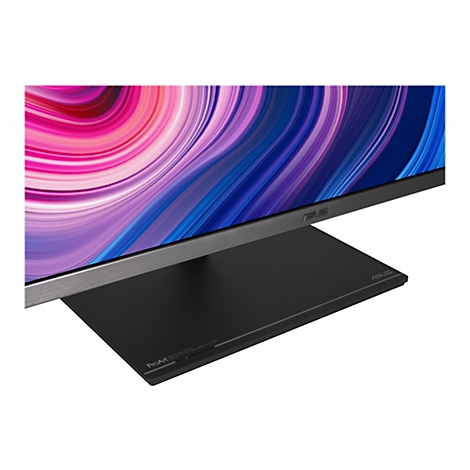 Nahaufnahme des ASUS ProArt Monitors mit farbenfrohem, abstraktem Bildschirmhintergrund und mattschwarzem Standfuß.