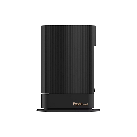 Schwarzer ProArt WiFi 7 Router mit gerippter Oberfläche auf schwarzem Standfuß vor weißem Hintergrund.