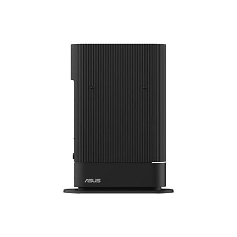 Schwarzer, vertikal gerippter Asus-Router auf rundem Standfuß vor weißem Hintergrund.