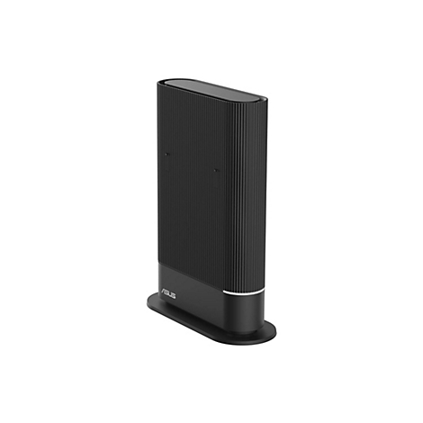 Schwarzer, vertikaler Asus Router mit geriffelter Oberfläche und beleuchtetem Sockel vor weißem Hintergrund.