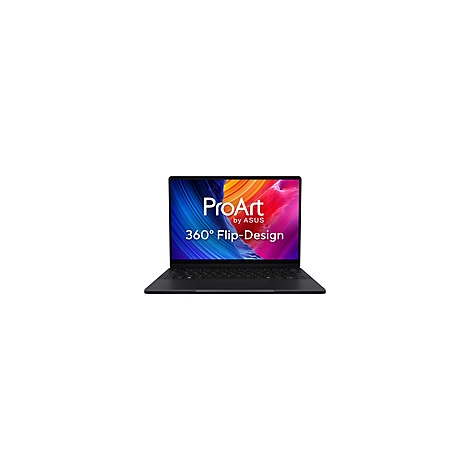 Schwarzer Laptop mit geöffnetem Bildschirm. Auf dem Display steht „ProArt by ASUS“ und „360° Flip-Design“ vor einem bunten Hintergrund.