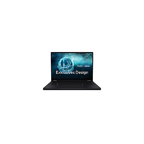 Schwarzes Laptop mit geöffnetem Display, darauf Schriftzug 'Exklusives Design' und Logo.
