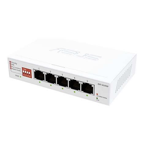 Weißer Asus 5-Port Netzwerk-Switch QG-U1050 mit DIP-Schaltern auf der Vorderseite.