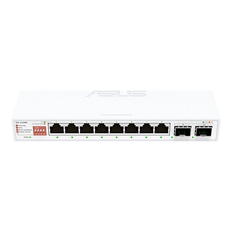 Weißer Asus-Netzwerk-Switch mit acht LAN-Ports und zwei 10G-Ports sowie vier DIP-Schaltern an der Vorderseite.