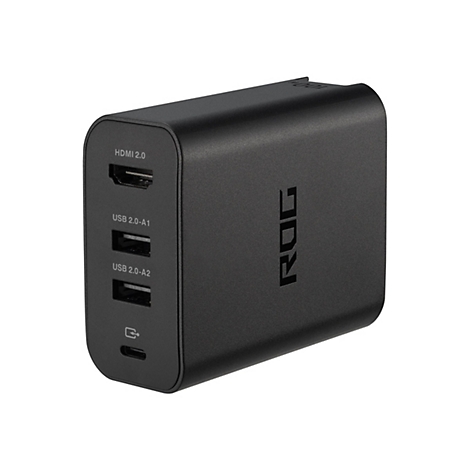 Schwarzes ROG Netzteil mit HDMI-, zwei USB-A- und einem USB-C-Anschluss vor weißem Hintergrund.