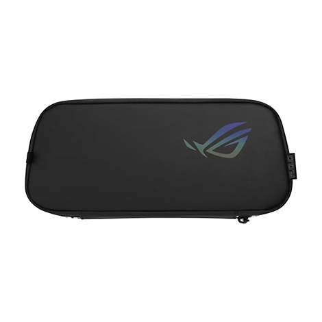 Schwarzes rechteckiges ROG Etui mit schimmerndem Logo und kleinem seitlichen ROG Etikett auf weißem Hintergrund.