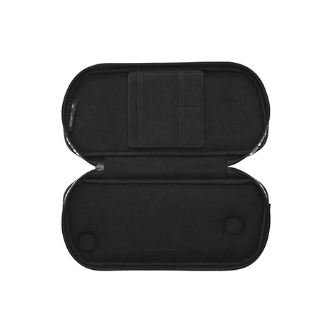 Étui noir ouvert, avec compartiments à l'intérieur et fermeture éclair.